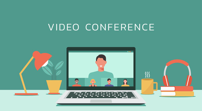video conference with people connecting together, learning and meeting online via teleconference or remote working on laptop computer, work from home and anywhere, vector flat design illustration