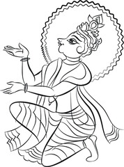 Kalamkari Indian traditional art on linen fabrics. Gopika or Lord's lady servants are drawn in different backgrounds. for textile printing, logo, wallpaper