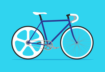 Fixed gear bicycle, Fixie bike, Simple flat design isolated on blue background, Vector illustration