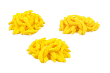 Juicy colorful jelly banana sweets isolated on white. Gummy candies.