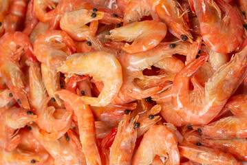 Shrimps background texture. A lot of shrimps. Cooked shrimps.