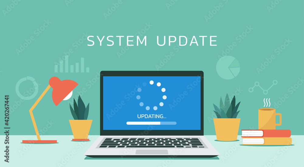 Poster system software updating or loading process concept on laptop computer screen, vector flat design il