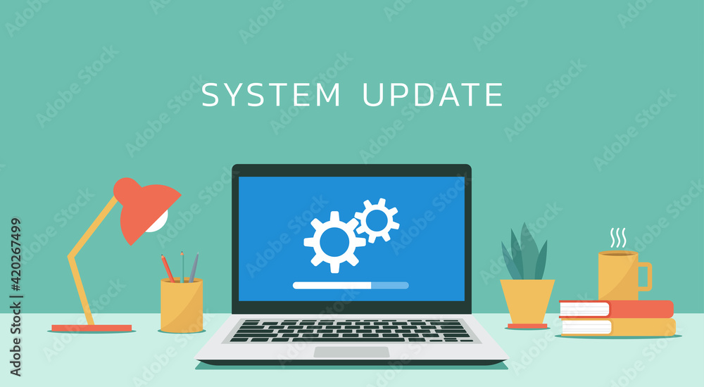 Poster laptop computer with software system update and development concept, vector flat design illustration