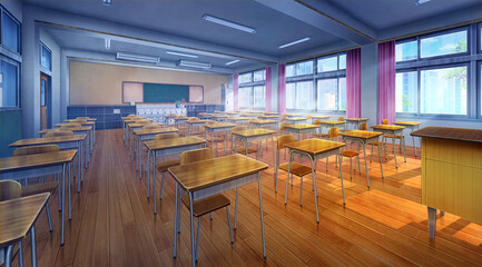High school classroom in the daytime, Anime background, 2D illustration. 