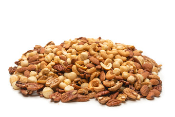 Mix of nuts isolated on white background. Top view.