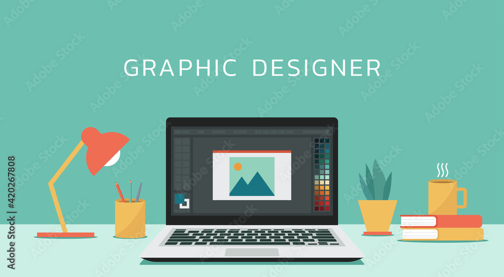 Fototapete graphic designer with program editing software on laptop computer screen, vector flat design illustration