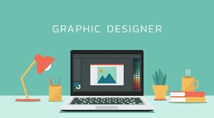 graphic designer with program editing software on laptop computer screen, vector flat design illustration