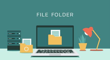 File folder with paperwork on laptop concept, vector flat design illustration