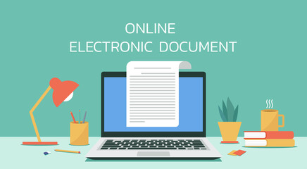 online electronic document concept, paper sheet or journal on laptop computer, vector flat design illustration