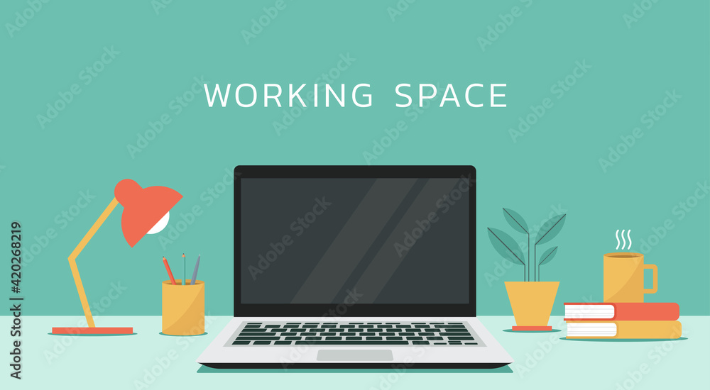 Fototapete laptop computer with blank empty display screen for copy space on working space, vector flat design 