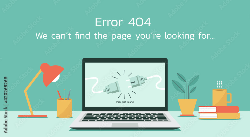 Poster error 404 web page not found on laptop computer concept, vector flat design illustration