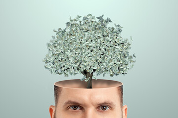 Business thinking, instead of a brain, a money tree sticks out of a man's head, dollars. Creative...