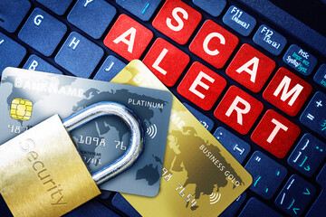 Scam Alert Concept With Security Lock on Fake Credit Cards