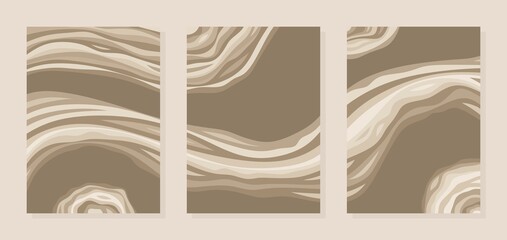 Fototapeta na wymiar Set of three rectangular abstract paintings. Light beige, dark brown lines, waves, curls. Combined composition of wall paintings, covers, social media posts. Simple style, minimalism. Vector image.