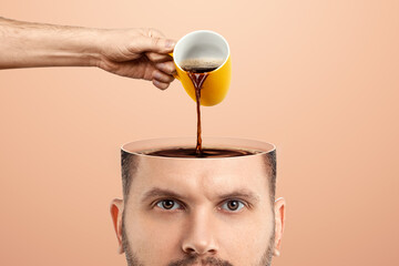 The man's head is open and coffee is poured into it from a cup. Creative background, coffee lover, brain drug, caffeine.
