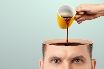 The man's head is open and coffee is poured into it from a cup. Creative background, coffee lover,...