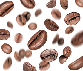Coffee beans in a chaotic position in space on a white background