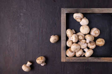 Champignons in a square wooden box on a brown textured background. Horizontal orientation. Flat lay. 