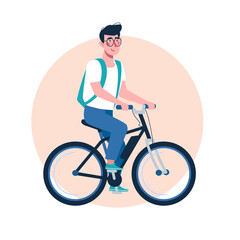 Obraz premium The child is riding a bicycle. The boy with glasses goes to school. Vector in flat style