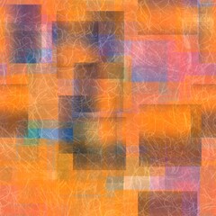 Seamless overlaid geometric shape pattern print. High quality illustration. Transparent rectangles filled with gradient colors scattered. Handmade paper texture overlay.