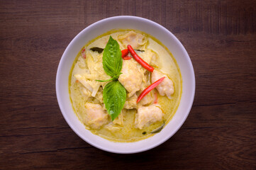 Green curry with fish balls with bamboo shoots and coconut milk from fresh coconut is a famous Thai dish