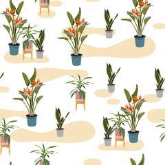 Urban jungle seamless pattern, trendy home decor with plants, branch, flowers, tropical leaves in stylish planters and pots illustration.