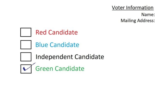 Voting For The Green Candidate For Election Referendum Polling. Writing a Check Mark in Empty Vote Box. Casting One's Vote in Poll Ballot Paper.