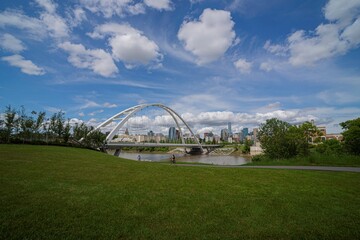 Fototapeta na wymiar The Walterdale Bridge is a suspension bridge across the North Saskatchewan River in Edmonton, Alberta, Canada.