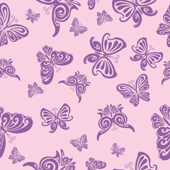 Fototapeta na wymiar pattern, purple stylized butterflies on a pink background, vector illustration,