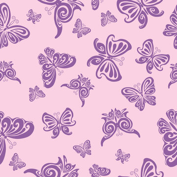 pattern, purple stylized butterflies on a pink background, vector illustration,