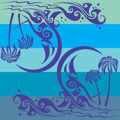 Fototapeta na wymiar pattern, palms and beach on emerald background, vector illustration,