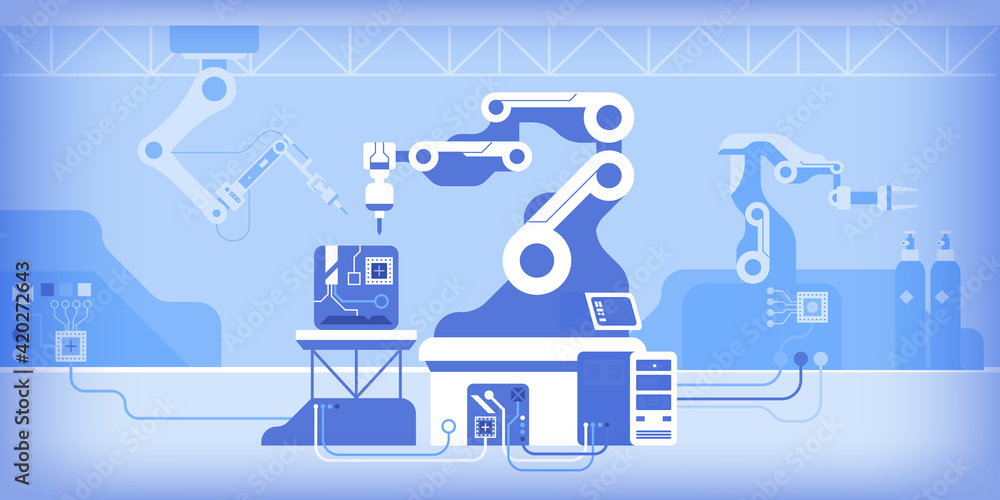 Poster mechanical robot arms working on automated production of microchips