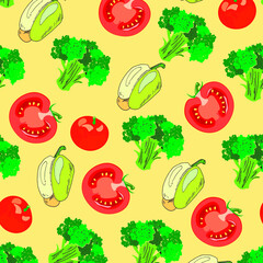 Vegetable vector pattern with juicy red tomatoes, broccoli, bell peppers, food background, summer colors. Design elements are drawn by hand, print on fabric, paper, kitchen decor