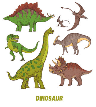 Dinosaurs hand drawn. Vector illustration. Jurassic period. Herbivorous and carnivorous dinosaur. Vector hand drawn collection.