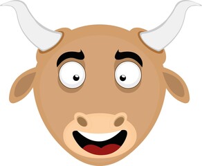 Vector emoticon illustration of a cartoon bull's head with a happy expression