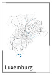 Luxembourg city map poster, administrative area plan view. Black, white and blue detailed design.
