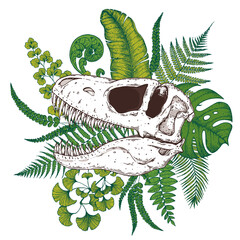 Tyrannosaurus rex and palm leaves hand drawn illustration. Tattoo vintage print. Hand drawn floral print. Tattoo design. Jungle print. Tropical illustration. © vidimages