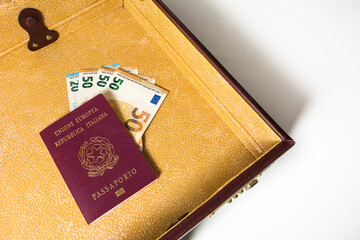24 hour suitcase with passport and banknotes