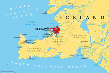 Iceland, Capital Region and Southern Peninsula, political map. Reykjavik and vicinity, with Reykjanes Peninsula, a region in southwest Iceland, with cities, rivers and lakes. Illustration. Vector.