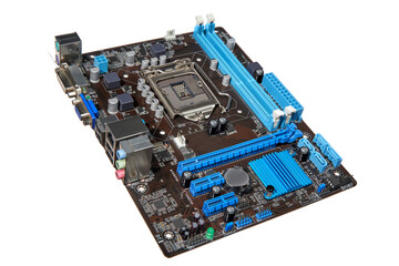 The motherboard is placed diagonally against a white background.