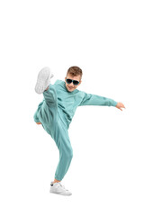 boy in a turquoise suit and white sneakers isolated on a white background.