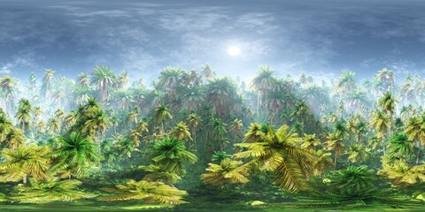 Fototapeta premium Jungle in the morning, HDRI, environment map , Round panorama, spherical panorama, equidistant projection, panorama 360, 3d rendering