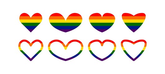 Pride LGBT heart vector icon set, Lesbian gay bisexual transgender concept love symbol. Collection of Color rainbow flag. Flat design signs isolated on white background