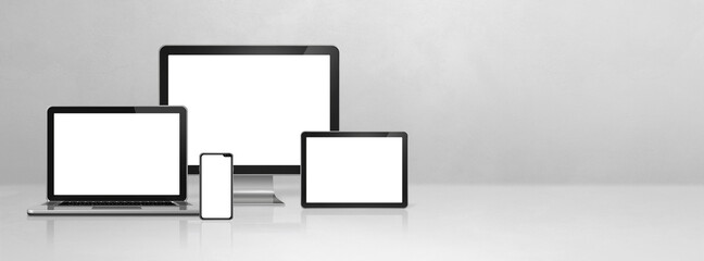 computer, laptop, mobile phone and digital tablet pc. white concrete banner