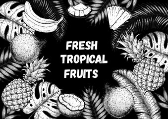 Pineapples, banana, coconut and tropical leaves design template. Hand drawn vector tropical fruit illustration. Engraved style fruit banner. Vintage botanical frame.