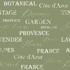 Seamless vintage pattern with lavender and dream of Provence lettering and text.