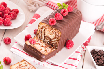 Marble cake with raspberries. 