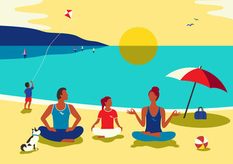 Fototapeta premium Family recreation on sea sand beach flat vector