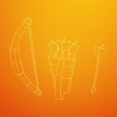 Medieval Bow and arrow archer weapon. Wireframe low poly mesh