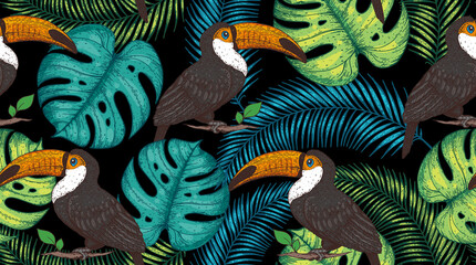 Seamless pattern with toucan and palm leaves. Hand drawn vector illustration. Tropical pattern. Jungle illustration.